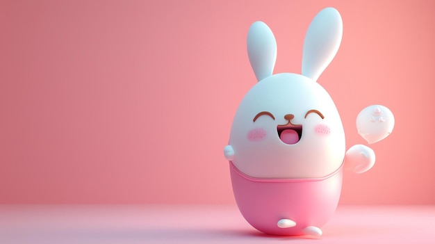 Carino rendering 3D di un coniglio animato felice Il coniglio è bianco con accenti rosa e ha un'espressione allegra sul viso