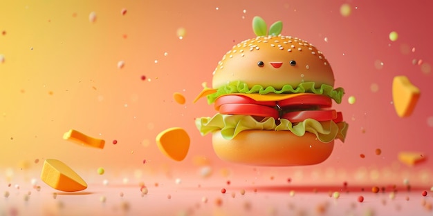 Carino rendering 3D di un hamburger volante realizzato in argilla che vola su uno sfondo piatto, pulito e colorato