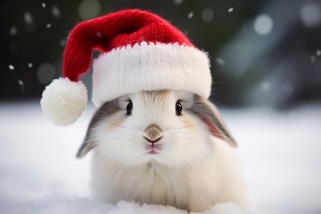 Carino ritratto di un adorabile coniglio di Natale che indossa un cappello da Babbo Natale