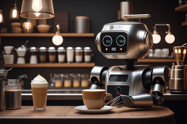 Carino robot barista realistico che lavora in un caffè 3D illustrazione di alta qualità