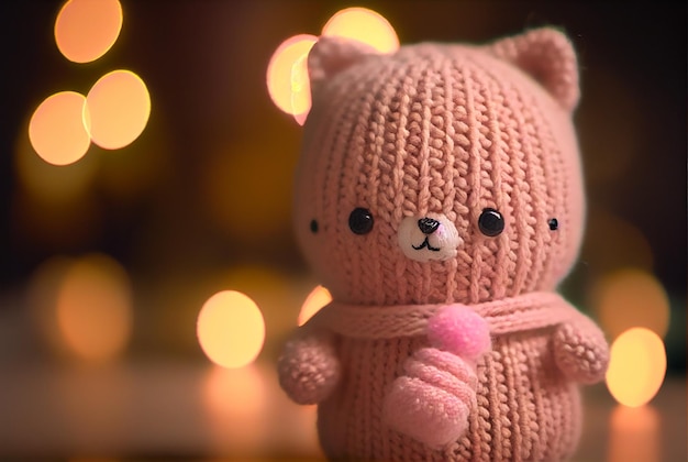 Carino rosa a maglia gatto gattino giocattolo accogliente bokeh sfondo sfocato IA generativa