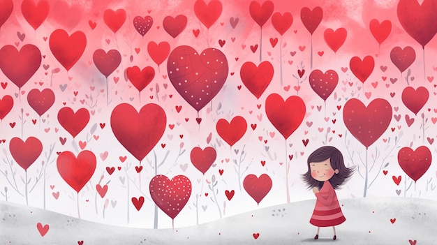 Carino San Valentino bambini illustrazione bambina molti palloncini a forma di cuore nel cielo