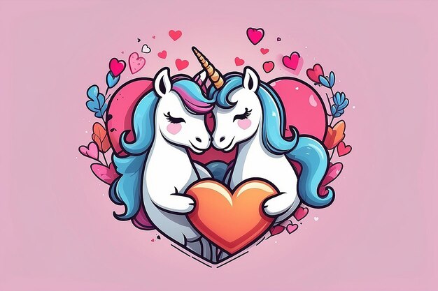 Carino unicorno abbraccio amore cuore cartone animato icona vettoriale illustrazione animale icona d'amore concetto isolato piatto