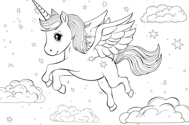 Carino unicorno con le ali che vola nel cielo Pagina del libro da colorare per bambini