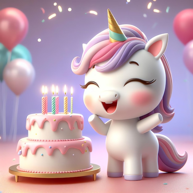 Carino unicorno con torta di compleanno cartone animato 3D illustrazione sfondo carta da parati copertina libro per bambini