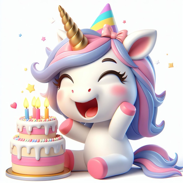 Carino unicorno con torta di compleanno cartone animato 3D illustrazione sfondo carta da parati copertina libro per bambini
