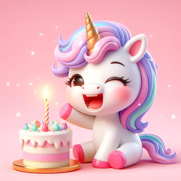 Carino unicorno con torta di compleanno cartone animato 3D illustrazione sfondo carta da parati copertina libro per bambini
