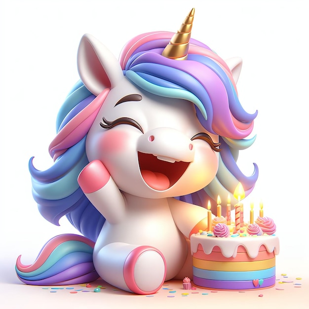 Carino unicorno con torta di compleanno cartone animato 3D illustrazione sfondo carta da parati copertina libro per bambini