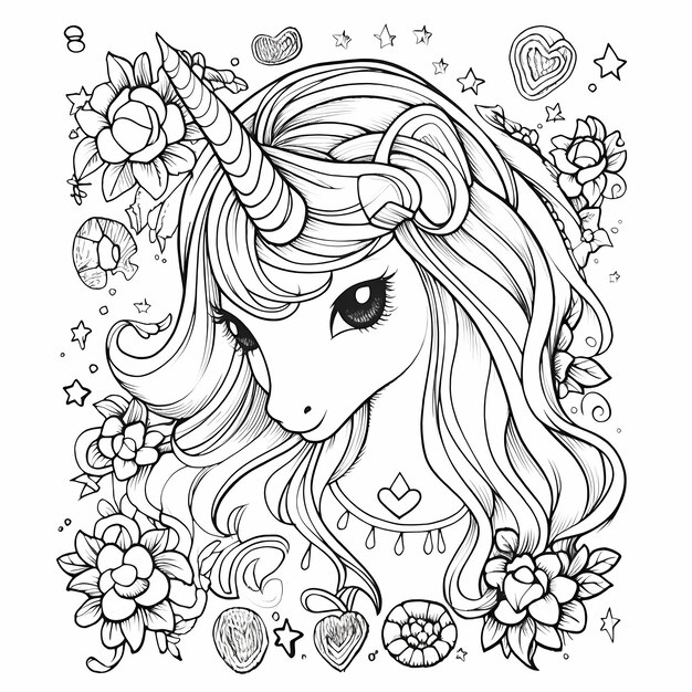 carino unicorno da colorare pagina in stile manga