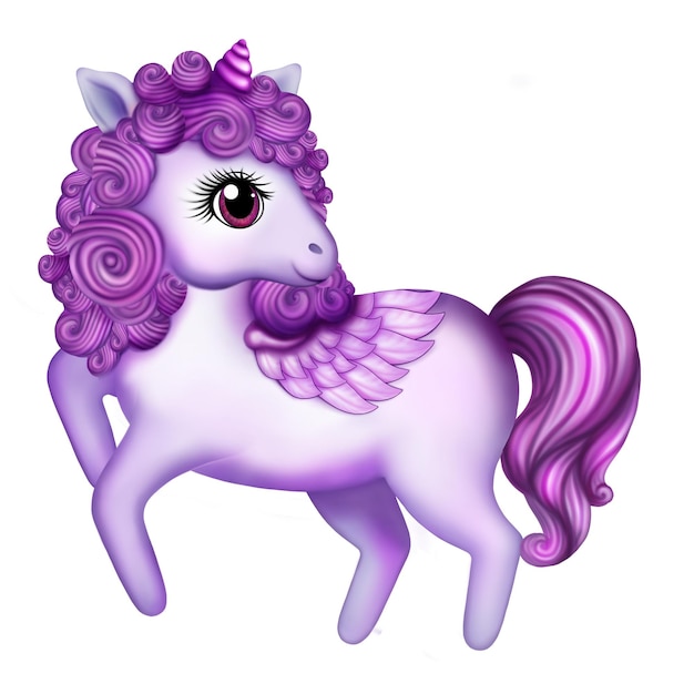 Carino unicorno viola, design di personaggio, pony magico con i capelli ricci e occhi grandi, cavallo con le ali.