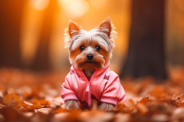 Carino Yorkshire Terrier all'aperto in un parco autunnale IA generativa