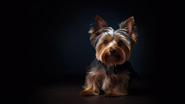 Carino Yorkshire Terrier su uno sfondo scuro con spazio libero IA generativa