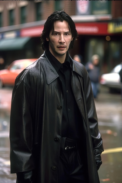 Carisma senza tempo Giovane bel 20enne Keanu Reeves in pelle lunga nera