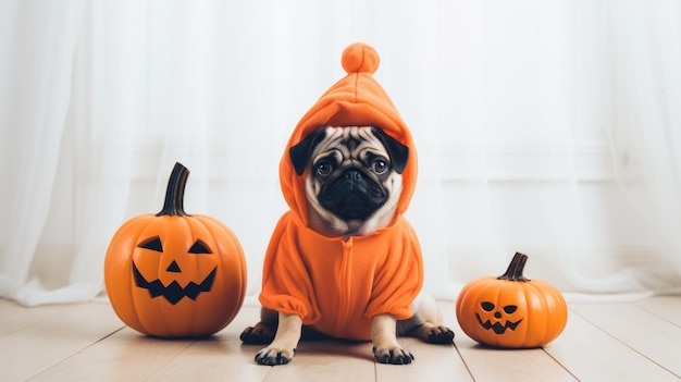 Carlino carino in costume di Halloween con zucche a casa