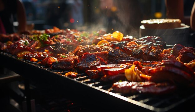 Carne alla griglia al barbecue un delizioso pasto all'aperto con amici generati dall'intelligenza artificiale