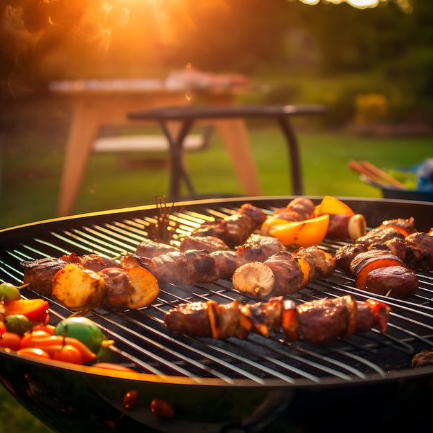 Carne alla griglia con patate e birra su un tavolo di legno al tramonto Barbecue con cibo delizioso