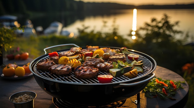 Carne alla griglia con verdure e vino sullo sfondo del fiume cena di lusso accanto al lago