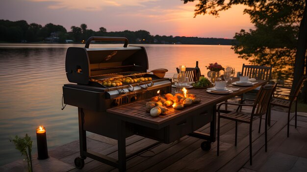 Carne alla griglia con verdure e vino sullo sfondo del fiume Cena di lusso vicino al lago