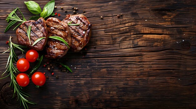 Carne alla griglia e pomodori serviti su un tavolo di legno una ricetta di cibo naturale