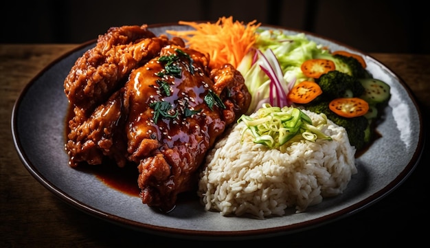 Carne alla griglia e verdure su piatto di legno AI generativo