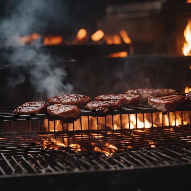Carne alla griglia su barbecue rustico con fumo che aumenta il piacere fatto in casa generato dall'intelligenza artificiale