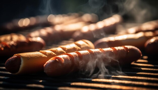 Carne alla griglia su spiccioli su carbone ardente perfetto barbecue estivo generato da intelligenza artificiale