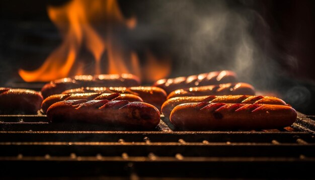 Carne alla griglia su una griglia calda, fiamma e fumo in ascesa generati dall'intelligenza artificiale.