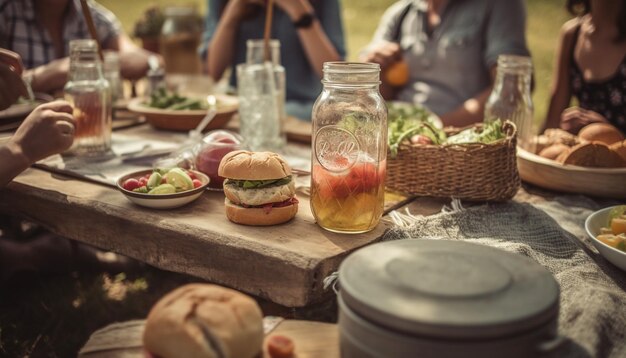 Carne alla griglia verdure fresche rinfresco estivo all'aperto generato da AI