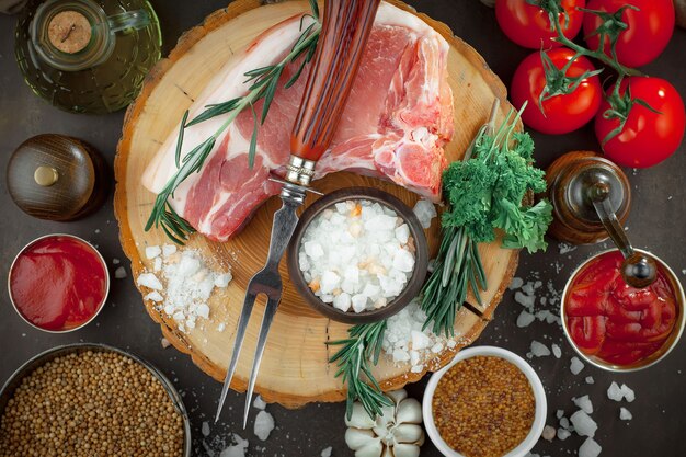 Carne cruda con spezie in una composizione con accessori da cucina