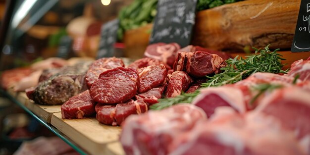 Carne cruda esposta in una macelleria. Generative Ai