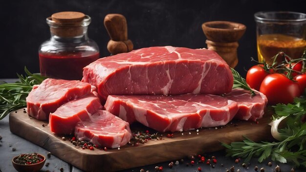 Carne cruda fresca a bordo con spezie su sfondo scuro