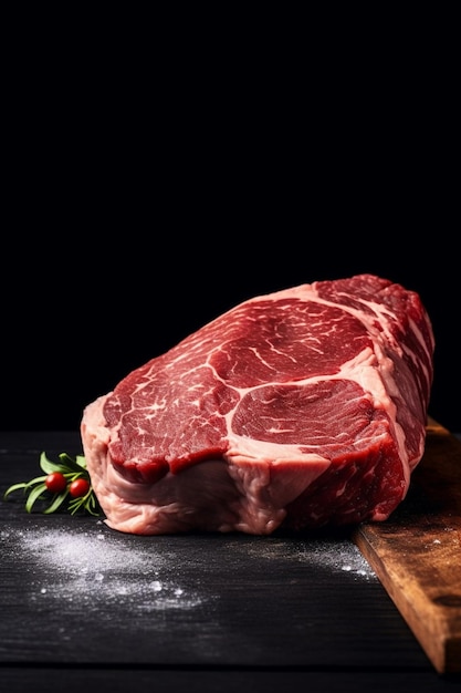 Carne cruda fresca su piastra metallica su tavolo scuro Messa a fuoco selettiva IA generativa