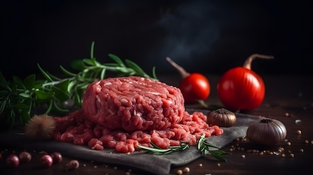 Carne cruda su un tavolo di legno con erbe e spezie