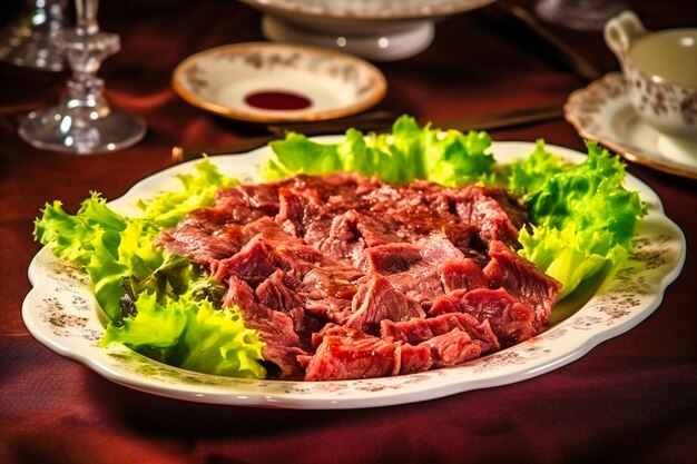 carne di cavallo con aglio e lattuga su un piatto bianco