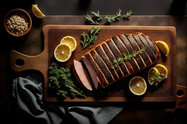 Carne di maiale al forno con erbe aromatiche e limone su una tavola di legno vista dall'alto IA generativa