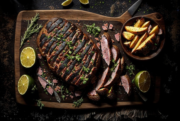 Carne di maiale al forno con erbe aromatiche e limone su una tavola di legno vista dall'alto IA generativa