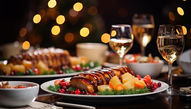 Carne di maiale alla griglia e verdure su una tavola festiva generata dall'AI.