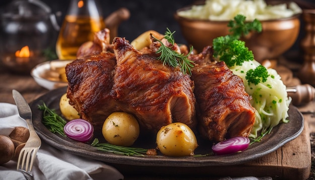 Carne di maiale arrosto Tender e succosa avvolta in pelle croccante e aglio