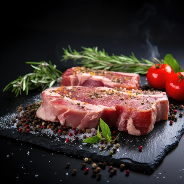 Carne di maiale su fondo di pietra nera con spezie ed erbe aromatiche