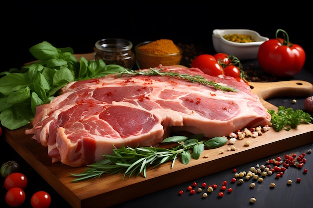 Carne di maiale verdure fresche e spezie pronte da cucinare IA generativa
