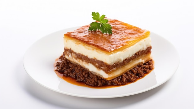 Carne di patate melanzane moussaka isolata su sfondo bianco