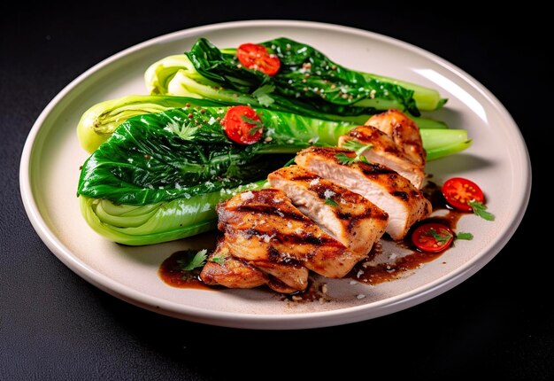 Carne di pollo alla griglia servita con verdure pak choi su un piatto IA generativa