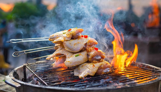 Carne di pollo con fumo e fiamme concetto di barbecue pollo fresco tagliato crudo generato AI