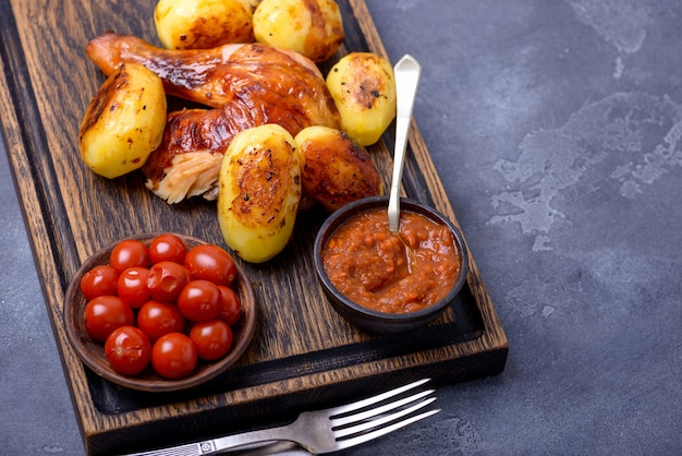 Carne di pollo e patate arrostite con salsa