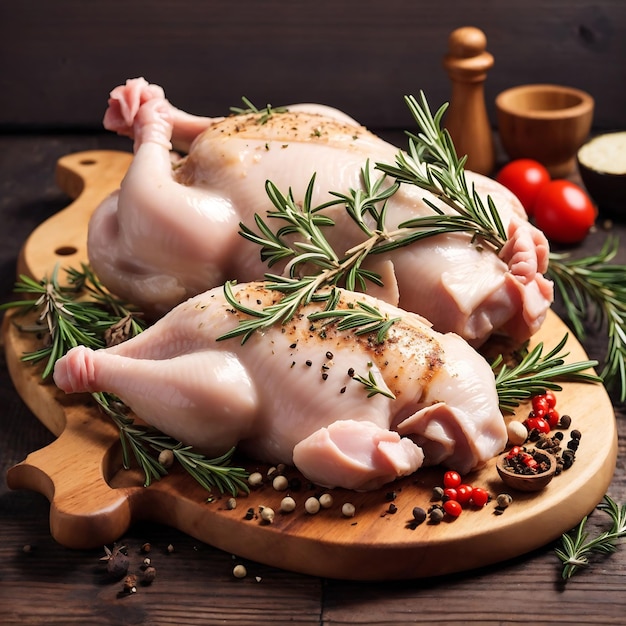 Carne di pollo fresca con rosmarino e spezie su legno Ai Generated