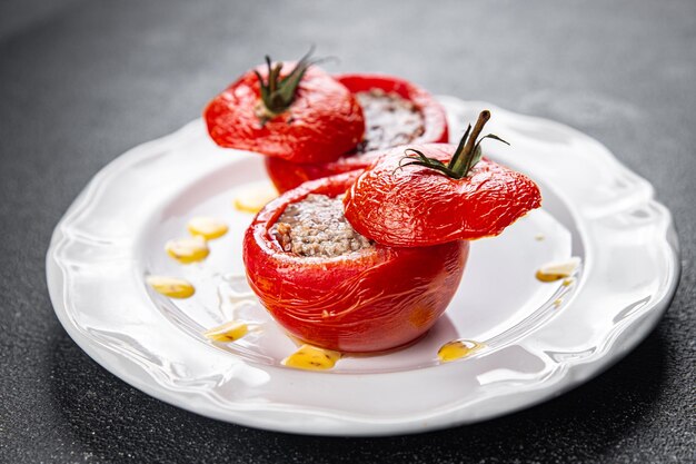 carne di pomodoro ripiena ripieno di pomodori verdure al forno cibo pasto sano spuntino sul tavolo