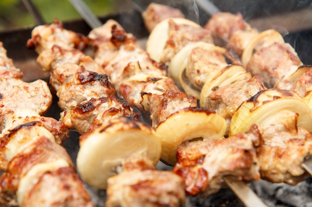 Carne e cipolle su spiedini stanno grigliando su carbone. Cucinare un piatto di shish kebab al barbecue. Picnic, cibo da strada. Messa a fuoco selettiva