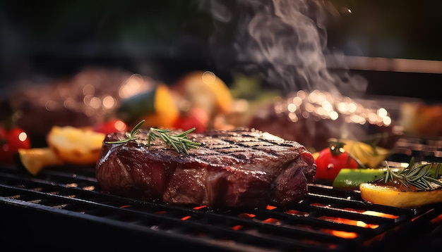 Carne e verdure alla griglia in primo piano su una griglia da barbecue