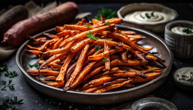 Carne e verdure alla griglia su piatto di legno rustico pasto sano generato dall'IA