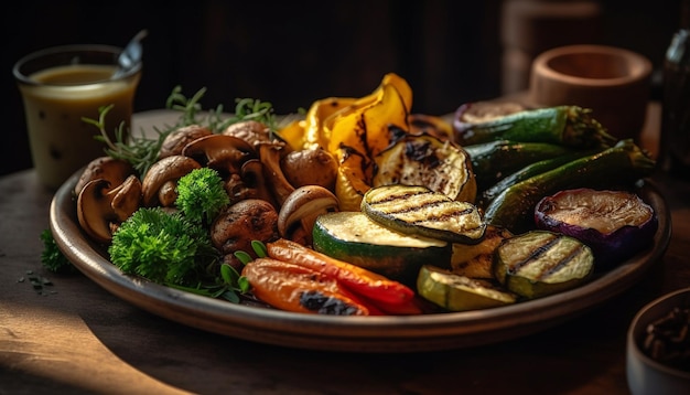 Carne e verdure alla griglia su tavola rustica generata da AI